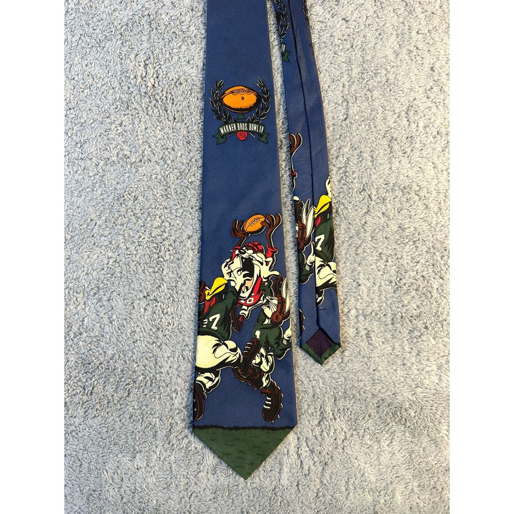 Vintage Looney Tunes football Taz Warner Bros Silk Tie necktie sports 90s blue